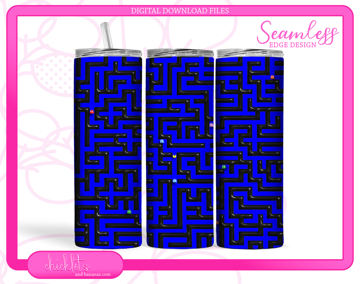 3D Inflated Pac Man Style Maze Game Tumbler Wrap | 20 oz Straight Tumbler | Sublimation Design Digital Download