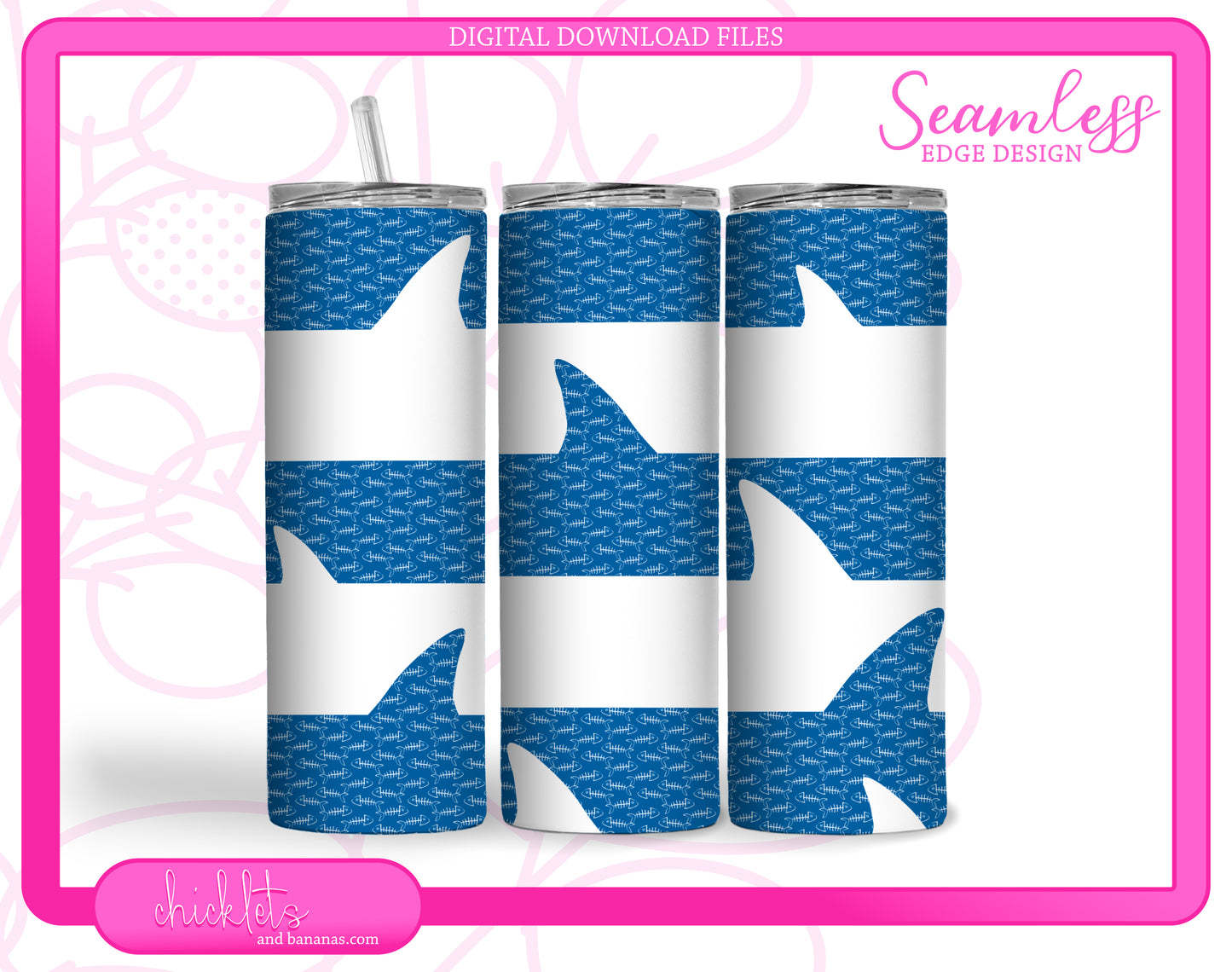 Shark Attack Sublimation Design Tumbler Wrap | 20 oz Straight Tumbler | Shark Fins Swimming Among Fish Bones | Digital Image Download