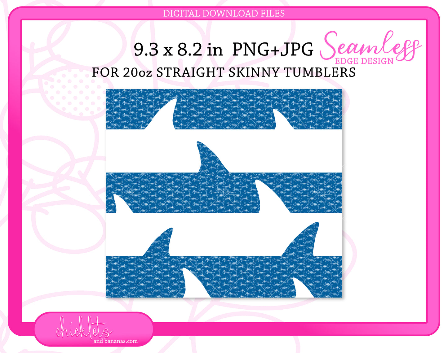 Shark Attack Sublimation Design Tumbler Wrap | 20 oz Straight Tumbler | Shark Fins Swimming Among Fish Bones | Digital Image Download