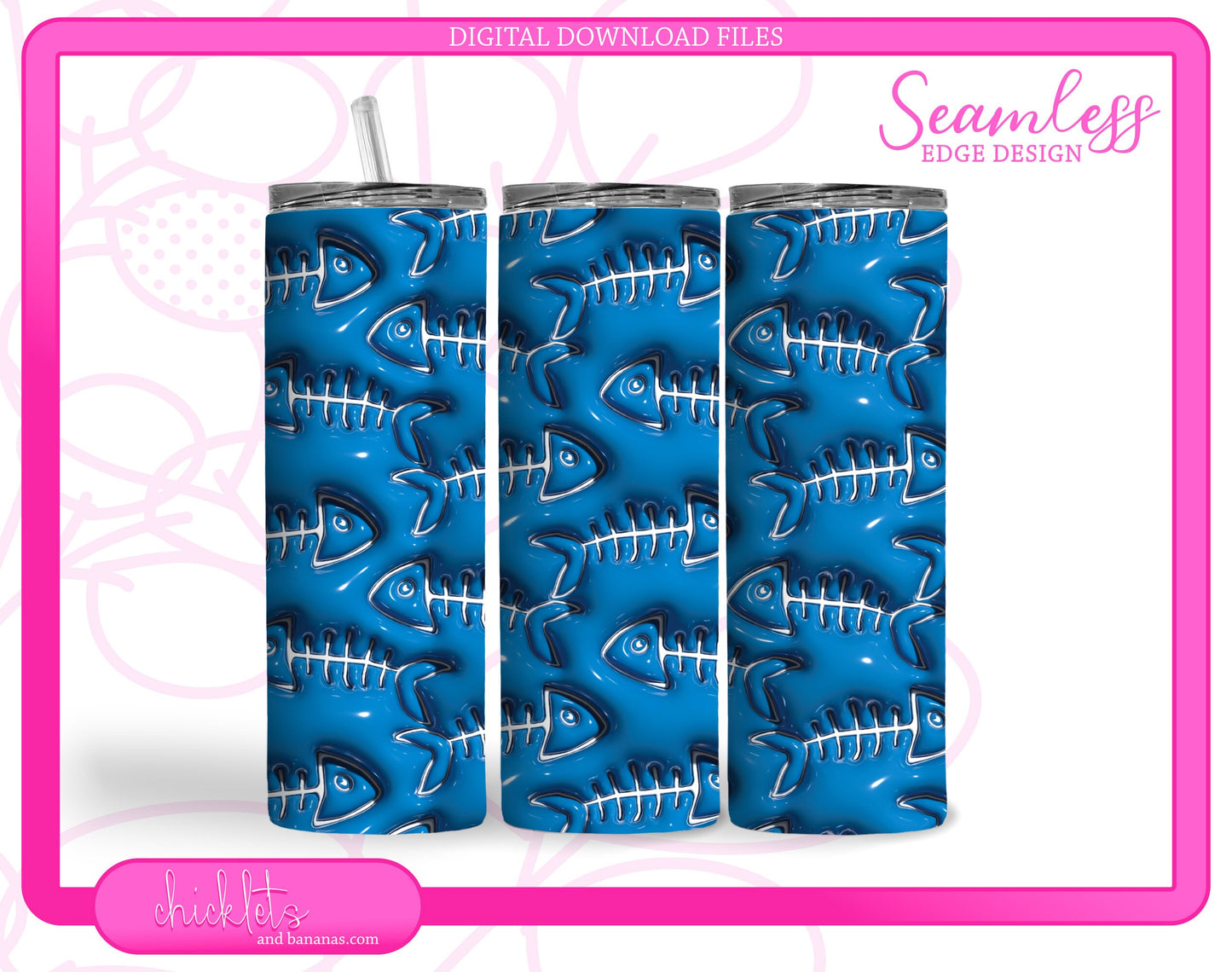 Seamless 3D Inflated Blue Puff Fish Skeleton Bones Sublimation Tumbler Wrap Digital Download | 20oz Skinny Tumbler Design | Instant PNG