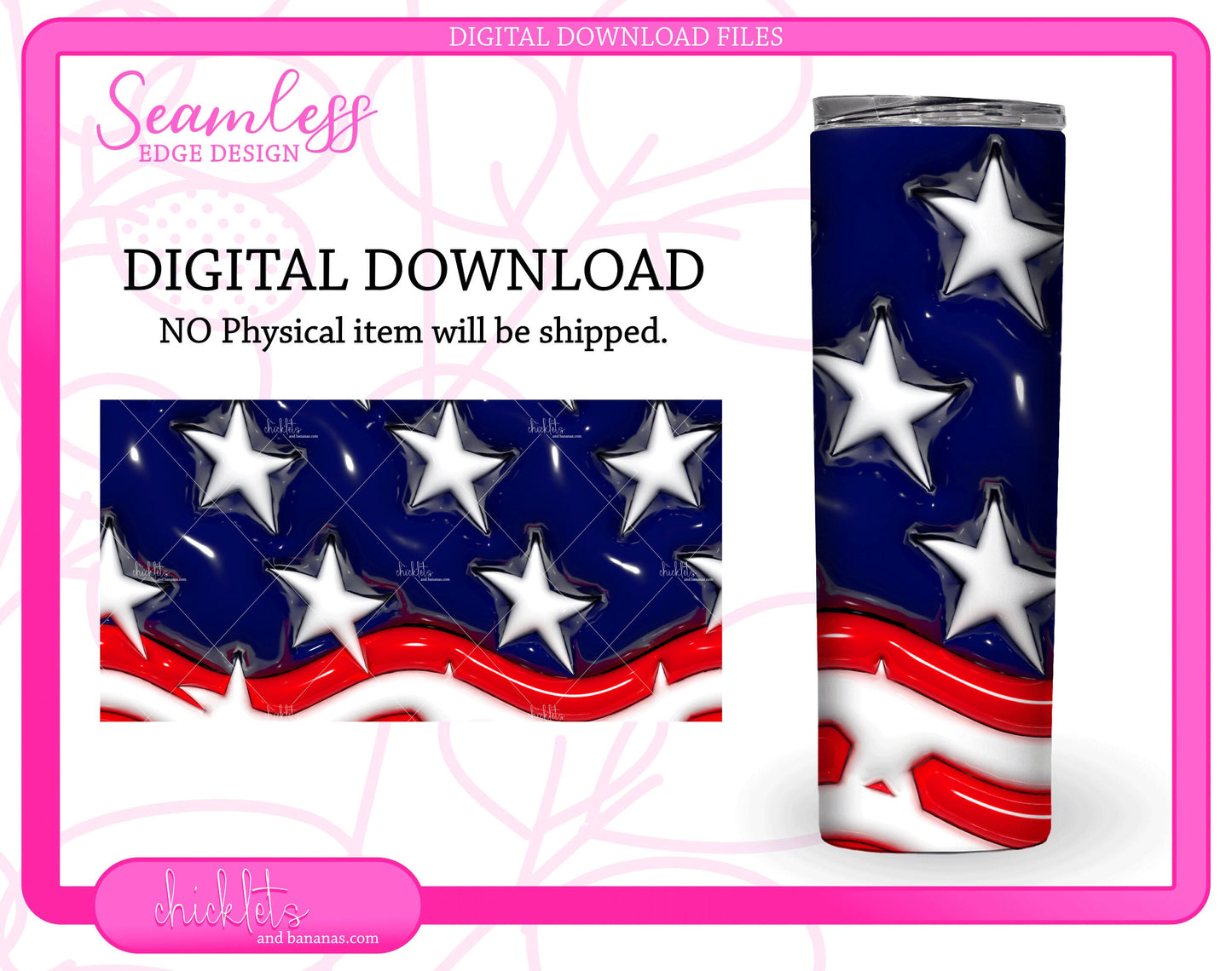 Seamless 3D Inflated Stars & Stripes Sublimation Design Tumbler Wrap | 20 oz Straight Tumbler | Digital Image Download